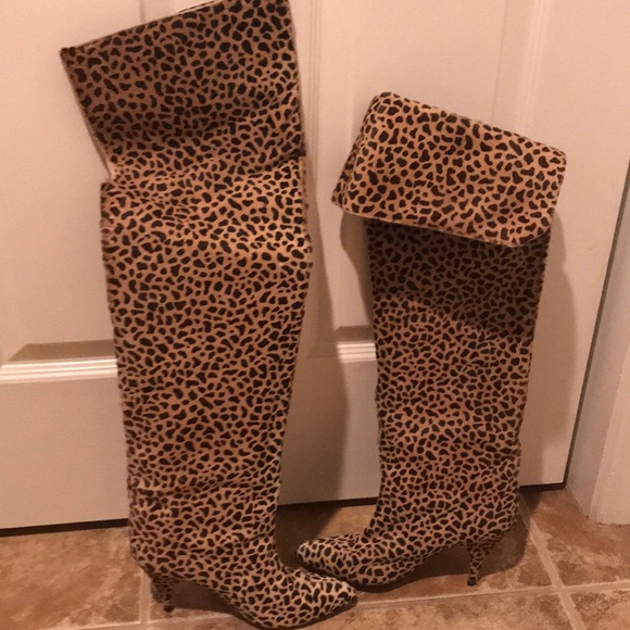Ladies Vintage Over The Knee Leopard Boots - Picture 2 of 4